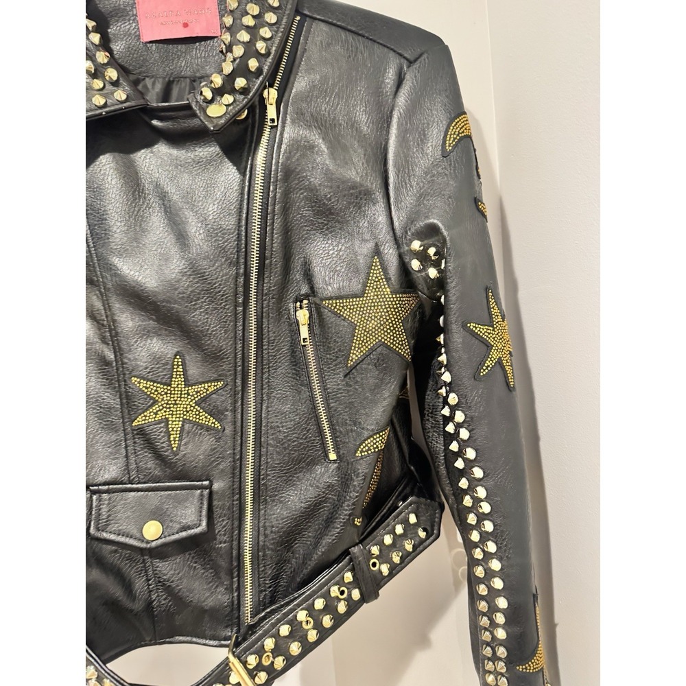 Azalea Wang Women's Black Studded Celestial Moto Jacket M Cropped Moon Stars M - Picture 6 of 15